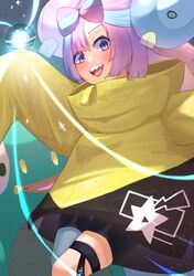  1girl :d absurdres akzk aqua_hair bangs bellibolt bike_shorts blush character_hair_ornament commentary_request hair_ornament happy highres holding_tera_orb iono_(pokemon) jacket long_hair multicolored_hair open_mouth pink_hair pokemon pokemon_(creature) pokemon_(game) pokemon_sv smile star_(symbol) star_print teeth tera_orb thigh_strap tongue two-tone_hair upper_teeth yellow_jacket 