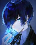  1boy black_ribbon blue_eyes blue_hair bug butterfly collared_shirt gekkoukan_high_school_uniform grey_shirt hair_over_one_eye highres holding lor_(roasyerizyonirapi) male_focus neck_ribbon parted_lips persona persona_3 portrait ribbon school_uniform shirt short_hair solo wing_collar yuuki_makoto 