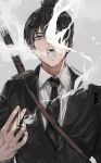  1boy bangs black_hair black_jacket black_necktie blue_eyes chainsaw_man cigarette collared_shirt commentary earrings formal hayakawa_aki highres holding holding_cigarette jacket jewelry looking_at_viewer male_focus mogayama necktie open_mouth shirt short_hair smoke smoking solo straight_hair stud_earrings suit sword sword_on_back teeth topknot upper_body weapon weapon_on_back white_shirt 