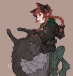  1girl animal_ears back_bow black_bow black_dress blush boots bow braid cat_ears dress extra_ears fang frilled_dress frills green_bow green_dress highres kaenbyou_rin looking_back noramyon open_mouth profile puffy_sleeves red_eyes redhead signature simple_background sketch skin_fang solo touhou turning_head twin_braids 