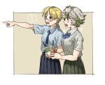  ! 2girls aged_up ahoge bangs bare_arms black_skirt blonde_hair blue_bow blue_bowtie blue_necktie blue_shirt blue_skirt blush bow bowtie breasts contemporary cowboy_shot cream cup disposable_cup drink drinking_straw flat_chest flipped_hair from_side glasses green_eyes green_hair green_skirt grey_hair grey_shirt highres holding holding_cup holding_drink long_hair looking_away low_ponytail made_in_abyss maido_(gokujohoureisen) multicolored_hair multiple_girls necktie outside_border outstretched_arm pleated_skirt pointing ponytail prushka red_eyes riko_(made_in_abyss) school_uniform shirt shirt_tucked_in short_hair short_sleeves side-by-side simple_background skirt sparkle spoken_exclamation_mark streaked_hair white_background white_shirt 