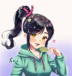  1girl :d absurdres artist_name bangs black_hair candy food green_hoodie hair_ornament heart highres holding holding_food hood hoodie lollipop long_hair long_sleeves looking_at_viewer naochiarts open_mouth ponytail purple_background smile solo two-tone_background upper_body vanellope_von_schweetz white_background wreck-it_ralph yellow_eyes 