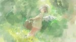  1girl angel_wings backlighting bad_drawr_id bad_id bangs blunt_bangs blurry bokeh brown_hair closed_mouth depth_of_field dress dutch_angle feathered_wings forest from_behind full_body grass green_dress green_theme halo holding holding_suitcase looking_at_viewer looking_back nature nonica oekaki original outdoors scenery short_hair short_sleeves solo standing suitcase sunlight tree white_wings wings 