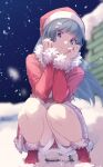  1girl belt black_hair blue_eyes boots chimney christmas coat full_body fur-trimmed_boots fur-trimmed_coat fur_trim hair_ornament hairclip hat highres long_hair looking_at_viewer neo_(tyottama) night nijisanji outdoors red_coat red_footwear santa_boots santa_costume santa_hat shorts sky snow snowing solo squatting tsukino_mito virtual_youtuber winter 