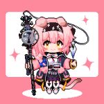  1girl animal_ears arknights black_hairband black_jacket black_skirt blue_bow blush_stickers bow braid cat_ears cat_girl cat_tail closed_mouth commentary_request frilled_skirt frills full_body garter_straps goldenglow_(arknights) hair_bow hair_over_shoulder hairband holding holding_staff jacket lightning_bolt_print long_hair long_sleeves looking_at_viewer open_clothes open_jacket orange_eyes pink_background pink_footwear pink_hair pixel_art print_hairband seu-i shadow shirt shoes single_braid skirt smile solo sparkle staff tail thigh-highs two-tone_background white_background white_shirt white_thighhighs 