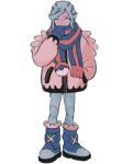  1boy blue_footwear blue_mittens boots bright_pupils commentary_request full_body green_eyes green_hair green_pants grusha_(pokemon) hand_in_pocket hand_up highres jacket long_hair long_sleeves looking_at_viewer male_focus moumuriy pants pokemon pokemon_(game) pokemon_sv scarf scarf_over_mouth solo standing striped striped_scarf white_pupils 