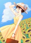  1girl absurdres bag bazz000033 blue_sky bracelet breasts brown_bag brown_eyes brown_hair closed_mouth clouds cloudy_sky commentary day dress field fingernails flower flower_field grass hand_on_headwear hand_up handbag highres holding holding_bag jewelry looking_away orange_ribbon original outdoors ribbon short_hair sky sleeveless sleeveless_dress small_breasts solo sunflower white_headwear yellow_dress 