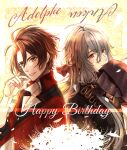  2boys absurdres adolphe_(shuuen_no_virche) ankou_(shuuen_no_virche) braid brown_eyes covering_mouth flower french_braid grey_hair hand_over_own_mouth happy_birthday highres long_hair low_ponytail meko_(mekomekkome) multiple_boys red_eyes shuuen_no_virche sleeves_past_fingers sleeves_past_wrists spider_lily 