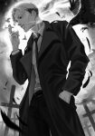  1boy belt bird black_coat black_necktie black_pants chainsaw_man cigarette coat collared_shirt crow domiiomii ear_piercing facial_hair falling_feathers feathers formal grey_hair greyscale hand_in_pocket highres holding holding_cigarette kishibe_(chainsaw_man) looking_to_the_side monochrome necktie pants piercing shirt shirt_tucked_in short_hair simple_background smoke solo stitched_face stitched_mouth stitches stubble suit tombstone white_background white_shirt 