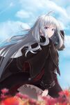  1girl absurdres ahoge black_capelet black_coat black_skirt blue_eyes blurry blurry_foreground capelet closed_mouth coat day elaina_(majo_no_tabitabi) field floating_hair flower flower_field grey_hair hand_in_own_hair highres k0i_koi_(koihm18) long_hair long_sleeves looking_at_viewer looking_back majo_no_tabitabi open_clothes open_coat outdoors red_flower skirt smile solo standing very_long_hair 