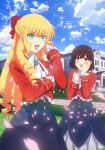  2girls :d blonde_hair blue_eyes blush bow brown_hair claire_francois commentary crossed_arms drill_hair english_commentary hair_bow highres key_visual long_hair long_sleeves looking_at_another multiple_girls official_art promotional_art red_bow red_eyes rei_taylor school_uniform short_hair smile watashi_no_oshi_wa_akuyaku_reijou 