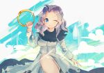  1girl ;) blue_eyes blue_sky closed_mouth clouds cloudy_sky commentary_request dress grey_hair highres holding holding_hoop hoop kumoi_ichirin long_sleeves looking_at_viewer one_eye_closed outdoors remyaruku65 short_hair sitting sky smile solo touhou white_background white_dress 