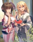  3girls bite_mark blonde_hair blue_eyes breasts brown_hair cherry_blossoms choker closed_mouth fairy_(kancolle) flower food fruit grey_kimono hair_bun hair_flower hair_ornament hair_over_shoulder hand_fan highres himeyamato holding holding_fan iowa_(kancolle) japanese_clothes kantai_collection kimono large_breasts long_hair minigirl multiple_girls obi open_mouth paper_fan pink_kimono sash size_difference smile standing star-shaped_pupils star_(symbol) symbol-shaped_pupils uchiwa watermelon watermelon_slice yamato_(kancolle) yukata 