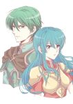  1boy 1girl armor bangs blue_eyes blue_hair breastplate brother_and_sister closed_mouth earrings eirika_(fire_emblem) ephraim_(fire_emblem) fire_emblem fire_emblem:_the_sacred_stones green_hair hair_between_eyes jewelry long_hair looking_at_viewer parted_lips short_hair shoulder_armor siblings sidelocks sturm_fe_k11 twins upper_body white_background 