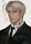  1boy black_coat black_necktie blood blood_on_clothes blood_on_face chainsaw_man cigarette coat collared_shirt ear_piercing facial_hair formal grey_hair highres kishibe_(chainsaw_man) looking_to_the_side ndsoda necktie piercing scar scar_on_face shirt short_hair simple_background smoke smoking solo stitched_mouth stitches stubble suit undercut white_background white_shirt 