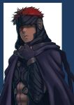  1boy aduti_momoyama cape closed_mouth clothing_cutout dark_skin fingerless_gloves fire_emblem fire_emblem:_the_blazing_blade fire_emblem_heroes frown gloves hand_up highres jaffar_(fire_emblem) male_focus navel navel_cutout official_alternate_costume purple_cape purple_gloves red_eyes redhead short_hair solo 