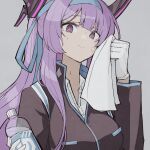  1girl :&gt; bangs black_jacket blue_archive blue_headband bottle breasts closed_mouth commentary gloves grey_background hair_between_eyes handkerchief headband highres holding holding_bottle holding_handkerchief jacket large_breasts long_hair long_sleeves looking_at_viewer looking_down official_alternate_costume ponytail purple_hair shirt simple_background solo sweat upper_body utaha_(blue_archive) utaha_(cheerleader)_(blue_archive) vbvpahw9 violet_eyes water_bottle white_gloves white_shirt 