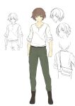  1boy bag black_footwear brown_hair dungeon_tou_de_yadoya_wo_yarou full_body green_pants highres multiple_views pants sanada_shirou_(dungeon_tou_de_yadoya_wo_yarou) satchel shirt tenmaso white_shirt 