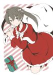 1girl capelet christmas commentary_request dress fur-trimmed_capelet fur-trimmed_dress fur_trim gift grey_eyes grey_hair highres kantai_collection long_hair official_alternate_costume red_capelet red_dress sack solo taira_yuuki zuikaku_(kancolle) 