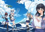  4girls aircraft aircraft_request airplane akebono_(kancolle) akebono_kai_ni_(kancolle) apron bandaid bandaid_on_face bell black_hair black_thighhighs black_vest blue_eyes blue_sailor_collar blue_skirt blue_sky butterfly_net cardigan clouds collar commentary_request cowboy_shot day fish fishing fishing_rod flower flying_boat frilled_collar frills full_body hair_bell hair_bobbles hair_flower hair_ornament hand_net jingle_bell kantai_collection knee_pads light_brown_hair long_hair machinery multiple_girls oboro_(kancolle) oboro_kai_(kancolle) open_cardigan open_clothes osananajimi_neko outdoors pink_eyes pink_hair pleated_skirt puffy_short_sleeves puffy_sleeves purple_cardigan purple_hair sailor_collar sazanami_(kancolle) sazanami_kai_(kancolle) school_uniform serafuku shirt_tug short_hair short_sleeves side_ponytail skirt sky smokestack thigh-highs torn_clothes twintails ushio_(kancolle) very_long_hair vest violet_eyes waist_apron white_apron wrist_cuffs 