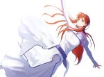  1girl absurdres bleach brown_eyes brown_hair dress english_commentary feet_out_of_frame hair_ornament hairpin highres inoue_orihime jou_(jo_jjo) juliet_sleeves long_hair long_sleeves puffy_sleeves solo white_background white_dress 