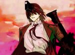  1boy bangs black_hair black_jacket black_necktie black_suit chainsaw_man chinese_commentary clenched_teeth collared_shirt commentary_request facing_viewer formal gun hair_over_eyes hayakawa_aki highres hybrid jacket male_focus multicolored_background necktie orange_background pink_background shirt short_hair solo spoilers suit teeth upper_body weapon white_shirt zai_li_flag_jiuyao_si_le 