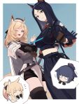  4girls absurdres animal_ears arknights blank_eyes blemishine_(arknights) blonde_hair blue_eyes breasts brown_eyes brown_gloves cape cat_ears collar dobermann_(arknights) dog_ears gloves hat highres holding holding_whip horse_ears horse_tail jessica_(arknights) large_breasts long_hair midriff mikai_2035 mole mole_under_eye multiple_girls one_eye_closed open_mouth ponytail smile studded_collar sword tail thigh-highs weapon whip whislash_(arknights) 