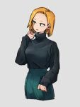  1girl android_18 black_nails black_sweater dragon_ball dragon_ball_z earrings fingernails green_pants grey_background jewelry kemachiku long_sleeves looking_away nail_polish pants simple_background solo sweater turtleneck 