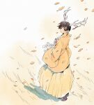  1boy antlers autumn autumn_leaves axis_powers_hetalia bangs black_hair bowl_cut coat day dragon_boy falling_leaves field from_above full_body grey_footwear hakama haori highres holding horn_ornament horns japan_(hetalia) japanese_clothes leaf long_sleeves looking_at_viewer looking_back looking_up male_focus nature outdoors short_hair solo standing tassel tea_(candyfoxx) wide_sleeves wind yellow_coat yellow_hakama yellow_theme 