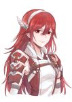 1girl armor bangs caeldori_(fire_emblem) feather_hair_ornament feathers fire_emblem fire_emblem_fates flat_chest hair_between_eyes hair_ornament hairband highres long_hair looking_at_viewer red_eyes redhead shoulder_armor smile solo sturm_fe_k11 upper_body white_background white_hairband 
