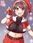  1girl alternate_costume artist_logo belt braid breasts chougei_(kancolle) cowboy_shot crop_top dated fingerless_gloves gloves hair_rings hat jacket kanon_(kurogane_knights) kantai_collection large_breasts looking_at_viewer night one-hour_drawing_challenge red_gloves red_headwear santa_hat short_sleeves shorts smile snowing solo twin_braids 