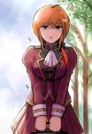  1girl ascot breasts character_request commentary_request copyright_request gacha-m gundam jacket looking_at_viewer medium_breasts mobile_suit_gundam open_mouth orange_hair outdoors petals red_jacket red_skirt skirt solo tree uniform v_arms violet_eyes 