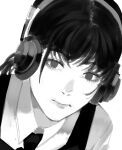  1girl bangs black_hair chainsaw_man closed_mouth collared_shirt greyscale headset highres long_hair looking_at_viewer mitaka_asa monochrome shirt simple_background solo white_background xyanaid 