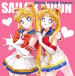  2girls back_bow bangs belt bishoujo_senshi_sailor_moon blonde_hair blue_eyes blue_sailor_collar blue_skirt bow bowtie brooch choker circlet crescent crescent_earrings double_bun earrings elbow_gloves eternal_sailor_moon feathers gloves gold_earrings hair_bun heart heart_choker highres jewelry lips long_hair miniskirt multiple_girls parted_bangs pleated_skirt pointing pointing_at_viewer red_bow red_bowtie red_choker sailor_collar sailor_moon sarashina_kau shirt short_sleeves skirt super_sailor_moon tsukino_usagi very_long_hair white_gloves white_shirt 