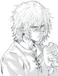  1boy angry bread closed_mouth cross-laced_clothes food frown greyscale hair_between_eyes hand_up holding holding_food male_focus messy_hair monochrome portrait quxiaochong short_hair simple_background sketch solo thorfinn vinland_saga 