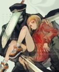  1boy 1girl akane_sawatari_(chainsaw_man) black_coat black_shirt blonde_hair carrying chainsaw_man coat flonflonflon grey_background highres hood hoodie hybrid katana katana_man_(chainsaw_man) looking_to_the_side military princess_carry red_eyes red_hoodie shirt shoes short_hair shorts simple_background slit_pupils sneakers sword teeth twitter_username weapon 