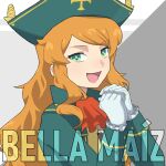  1girl :d ascot bella_maiz brown_hair character_name gloves green_eyes green_hair grey_background highres long_hair looking_at_viewer original own_hands_together pirate red_ascot smile solo two-tone_background upper_body urin_(littleurin) white_gloves 