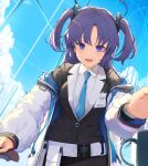 1girl blue_archive blue_eyes blue_necktie blush clouds highres jacket long_hair long_sleeves looking_at_viewer necktie open_clothes open_jacket open_mouth piisu purple_hair shirt sky smile twintails two_side_up white_shirt yuuka_(blue_archive)
