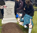  1boy 1girl ash_ketchum baseball_cap black_hair blue_eyes blue_footwear brown_eyes diviously grant_gustin_next_to_oliver_queen&#039;s_grave_(meme) grass hat jewelry kneehighs looking_at_viewer looking_down meme necklace photo_background pokemon pokemon_(anime) pokemon_sv_(anime) riko_(pokemon) roy_(pokemon) smile socks squatting tombstone v 