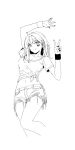  1girl closed_mouth fingernails greyscale hands_up long_hair looking_at_viewer midriff monochrome nail_polish navel original shirt short_shorts short_sleeves shorts simple_background siun smile solo tied_shirt v white_background wristband 