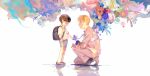  2boys age_difference aged_down azexal black_bag black_hair blonde_hair bowl_cut bug business_suit butterfly butterfly_sitting flower formal giving hair_over_eyes highres kageyama_shigeo long_sleeves mob_psycho_100 multicolored_background multiple_boys one_knee reigen_arataka shadow shirt short_hair short_sleeves shorts socks suit white_shirt white_socks 