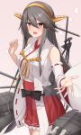  1girl akahi242 bare_shoulders black_hair blush brown_eyes cowboy_shot detached_sleeves hair_between_eyes hair_ornament hairband hairclip haruna_(kancolle) haruna_kai_ni_(kancolle) headgear highres japanese_clothes kantai_collection long_hair machinery nontraditional_miko pleated_skirt red_skirt ribbon-trimmed_sleeves ribbon_trim rigging skirt smile solo turret white_sleeves wide_sleeves 