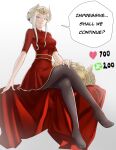  1girl armor_removed black_pantyhose breasts commentary crossed_legs crown dress edelgard_von_hresvelg english_commentary english_text fire_emblem fire_emblem:_three_houses fire_emblem_heroes grin hair_bun highres looking_at_viewer meme official_alternate_costume pantyhose pomelomelon red_dress sitting smile solo twitter_strip_game_(meme) violet_eyes white_hair 