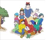  4girls 6+boys :d after_school_lessons_for_unripe_apples apple bae_honggyu ball bashful_(disney) bashful_(disney)_(cosplay) bird bird_on_hand black_cloak black_hair blue_bird blue_headwear bow brown_eyes brown_footwear brown_hair cape cha_yonghui character_request cloak commentary_request cosplay crossdressing crown dopey_(disney) dopey_(disney)_(cosplay) dress earphones earphones food fruit glasses green_apple green_footwear green_headwear hair_bow hands_on_hips happy_(disney) happy_(disney)_(cosplay) highres holding holding_ball holding_food holding_fruit hood hooded_cloak hwang_mi-ae i-han_song jeon_sora kim_cheol looking_at_viewer mo_jinseop mrh_cit multiple_boys multiple_girls musical_note nose_bubble outdoors park_jungwook puffy_sleeves purple_headwear queen_(snow_white) red_bow short_hair sitting sleepy_(disney) sleepy_(disney)_(cosplay) smile sneezy_(disney) sneezy_(disney)_(cosplay) snow_white_(disney) snow_white_(disney)_(cosplay) snow_white_and_the_seven_dwarfs soccer_ball tree white_background 