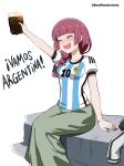 1girl 2022_fifa_world_cup :d absurdres alcohol angel_gabriel. argentina bangs beer black_nails blunt_bangs blush bocchi_the_rock! braid braided_ponytail breasts closed_eyes drunk green_skirt highres hiroi_kikuri long_skirt medium_breasts open_mouth purple_hair sharp_teeth shirt short_sleeves simple_background sitting skirt smile solo spanish_commentary spanish_text sportswear striped striped_shirt teeth twitter_username upper_teeth white_background world_cup 
