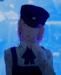  1girl black_ribbon blue_eyes blue_theme blurry blurry_background chainsaw_man collared_shirt dress earrings fami_(chainsaw_man) fourth_east_high_school_uniform hat head_tilt highres jewelry keibleh looking_at_viewer military_hat mole mole_under_eye mole_under_mouth multiple_moles pinafore_dress pink_hair ribbon ringed_eyes school_uniform shirt short_hair solo tassel tassel_earrings white_shirt 