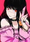  1girl black_choker black_hair bracelet cellphone chainsaw_man choker cross_scar dress flip_phone frilled_sleeves frills highres holding holding_phone jewelry long_hair looking_at_viewer multiple_rings phone pink_background pink_dress pink_nails pink_theme pinky_ring pochita_(chainsaw_man) red_eyes ring ringed_eyes sailen0 scar scar_on_cheek scar_on_face simple_background solo yoru_(chainsaw_man) 