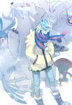  1boy altaria aqua_eyes aqua_hair beartic blue_footwear boots cetitan commentary_request dabu_(dabuchan) frosmoth grusha_(pokemon) hands_in_pockets highres jacket looking_at_viewer male_focus pants poke_ball_print pokemon pokemon_(creature) pokemon_(game) pokemon_sv scarf scarf_over_mouth standing striped striped_scarf watermark weavile yellow_jacket 