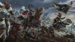  absurdres armor banner battle battlefield blood dirt dwarf game_cg grey_sky gwent_(game) helmet highres holding holding_polearm holding_weapon horse non-web_source official_art outdoors polearm shield spear the_witcher_(series) weapon winged_helmet 