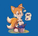  1boy aircraft airplane amazou animal_ears animal_nose blue_background blue_eyes commentary english_commentary fox_boy fox_cub fox_ears fox_tail furry furry_male gloves happy heart male_focus multiple_tails music musical_note orange_fur paint paint_can paintbrush shoes simple_background singing solo sonic_(series) sonic_the_hedgehog symbol-only_commentary tail tails_(sonic) thought_bubble two_tails whistling white_gloves 
